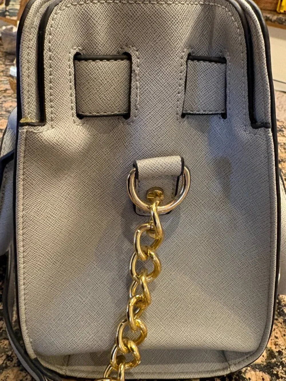 Michael Kors Hamilton Saffiano Leather Medium Satchel Light Grey Gold Hardware